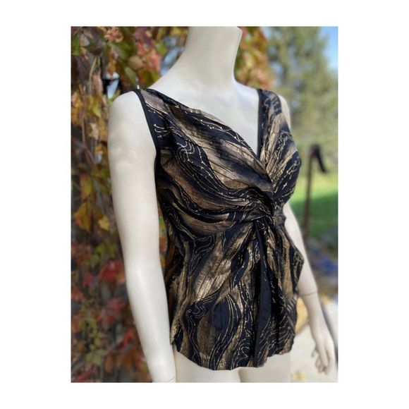 Maxmara Silk Top Black Gold Art Deco Twist Front V Neck - Picture 2 of 12